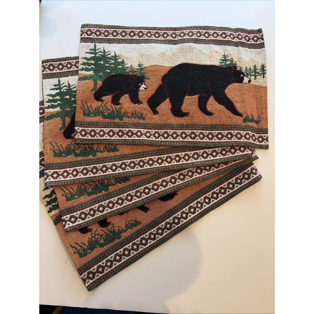 Kinara Black Bear Placemats Set 4 Woven Southwestern Native American 12x19